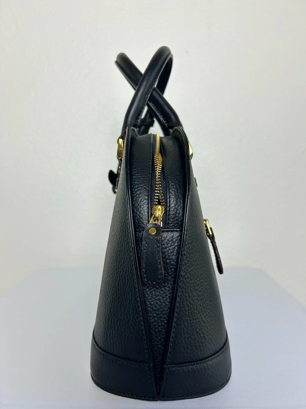 Courrèges Black Leather Dome Satchel Top Handle Bag w/ Strap